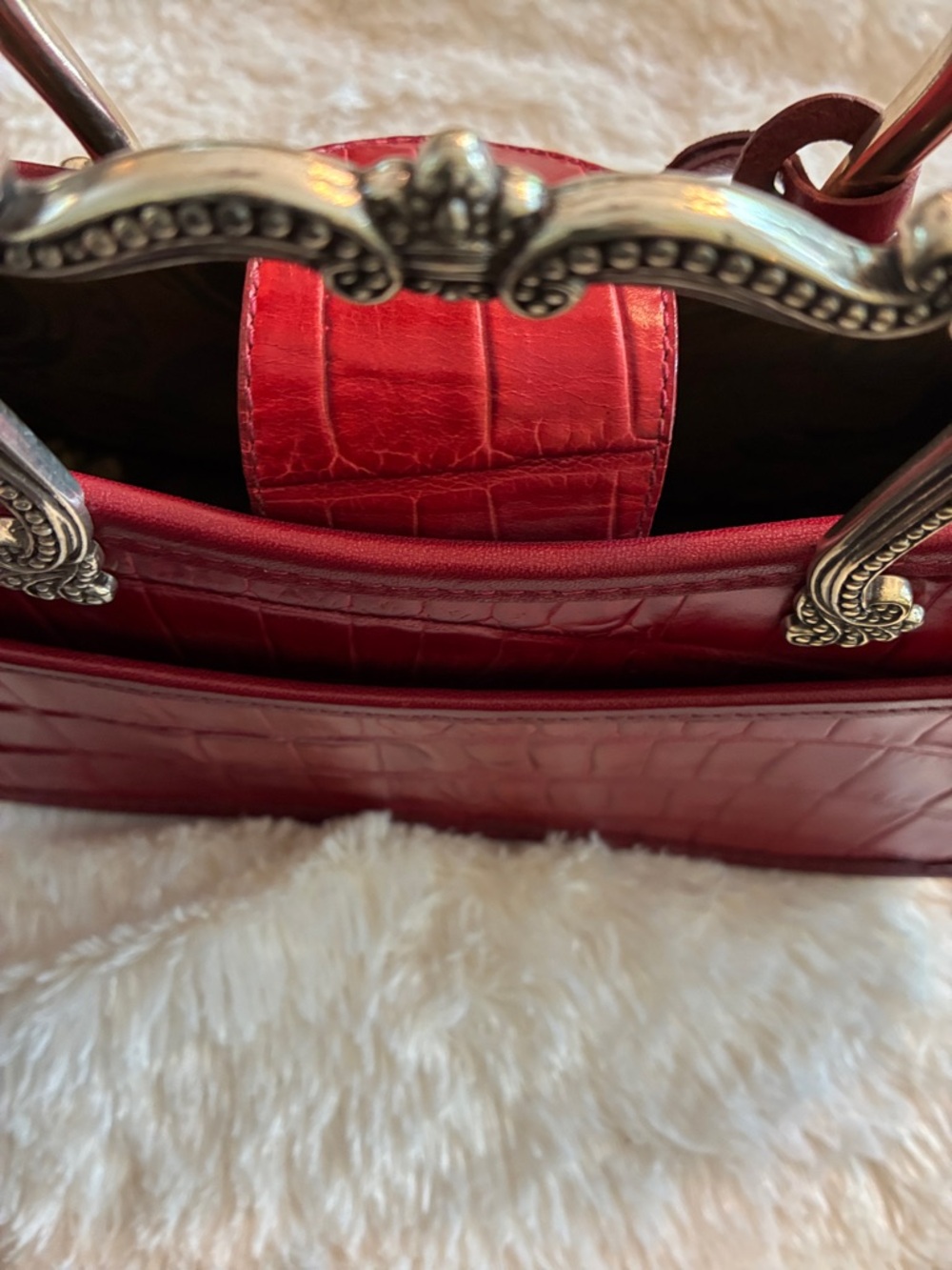 Brighton Red Croc-Embossed Mini Top-Handle Bag with Ornate Silver Handles - Picture 9 of 10